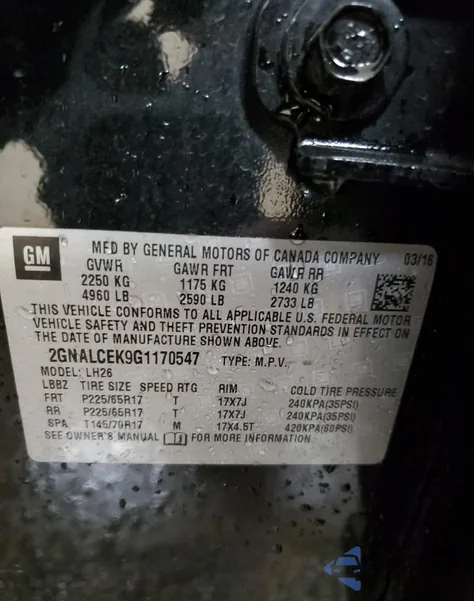 2016 Chevrolet Equinox Lt from USA, damaged, VIN 2GNALCEK9G1170547